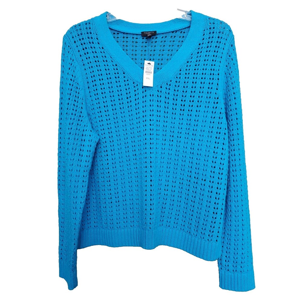Talbots Petite Cotton Blue Open-Knit V-Neck Pullover Sweater Size PXL NWT